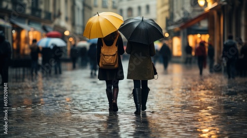 Friends walking with umbrellas in rainy weather