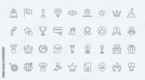 Awards thin line icons set vector illustration. Outline black trophy badges simple collection, premium prize of best quality and trophy of winner, gold stars, diamond and cup reward, crown and laurel