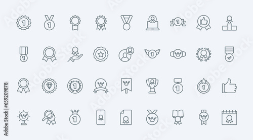 Medals for winners line icons set vector illustration. Abstract thin outline award symbols for premium product quality, success and competition or contest win, classic prize medallions collection