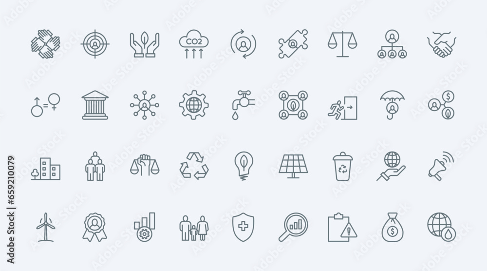 ESG thin line icons set vector illustration. Outline pictograms of environmental, social criterias for corporate management, investment and organisation of company, financial care, safety and ethics - obrazy, fototapety, plakaty 
