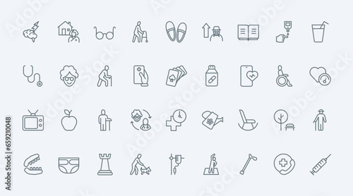 Elderly care thin line icons set vector illustration. Outline old age and gerontology symbols, senior mans and womans leisure, assistance services and help for elder people in hospital or home