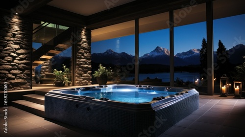 Luxury outdoor spa setting at night, showcasing a hot tub with ambient lighting. © Mustafa