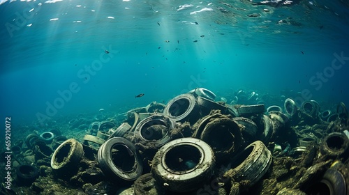 Pile of dirty garbage car tires and waste trash underw. Generative AI