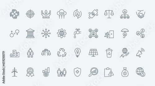 ESG thin line icons set vector illustration. Outline pictograms of environmental, social criterias for corporate management, investment and organisation of company, financial care, safety and ethics