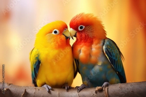 A couple of tropical birds in love is sitting on a tree branch. Two colored parrots on perches do not need to chirp to each other. The concept of love, spring, tenderness, care. © BetterPhoto