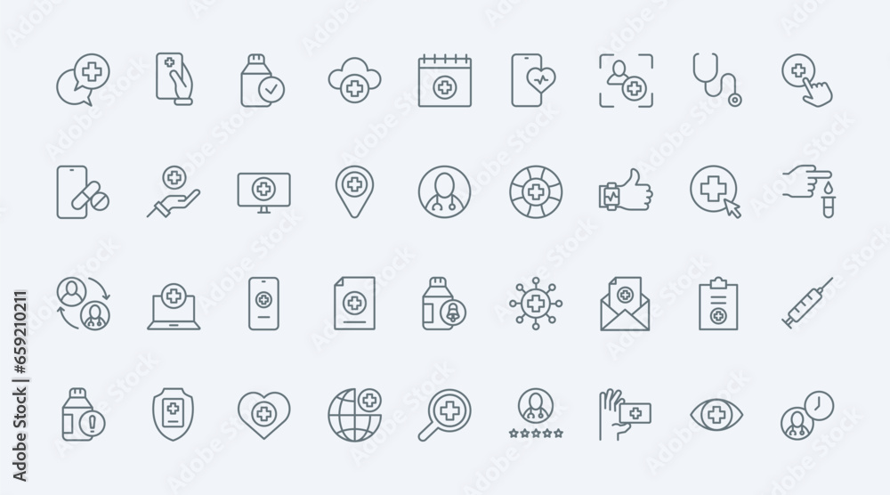 Digital medicine line icons set vector illustration. Abstract thin outline medical symbols and telemedicine collection, online communication between doctor and patient for diagnosis by phone, laptop Digital medicine line icons set vector illustration. Abstract thin outline medical symbols and telemedicine collection, online communication between doctor and patient for diagnosis by phone, laptop
