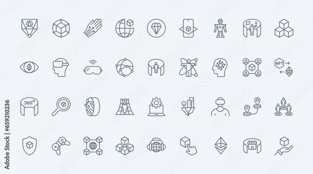 Metaverse thin line icons set vector illustration. Outline pictograms of VR glasses for virtual world simulation with 360 round view, innovation headset for video game, blockchain and NFT symbols Metaverse thin line icons set vector illustration. Outline pictograms of VR glasses for virtual world simulation with 360 round view, innovation headset for video game, blockchain and NFT symbols