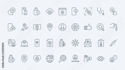 Digital medicine line icons set vector illustration. Abstract thin outline medical symbols and telemedicine collection, online communication between doctor and patient for diagnosis by phone, laptop