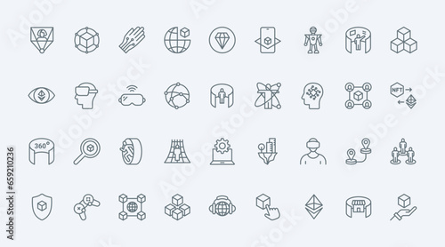 Metaverse thin line icons set vector illustration. Outline pictograms of VR glasses for virtual world simulation with 360 round view, innovation headset for video game, blockchain and NFT symbols