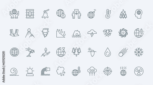 Global environment disasters due to climate change thin line icons set vector illustration. Outline symbols of extreme weather problems, earthquake and drought, ocean storm and hurricane, melting ice
