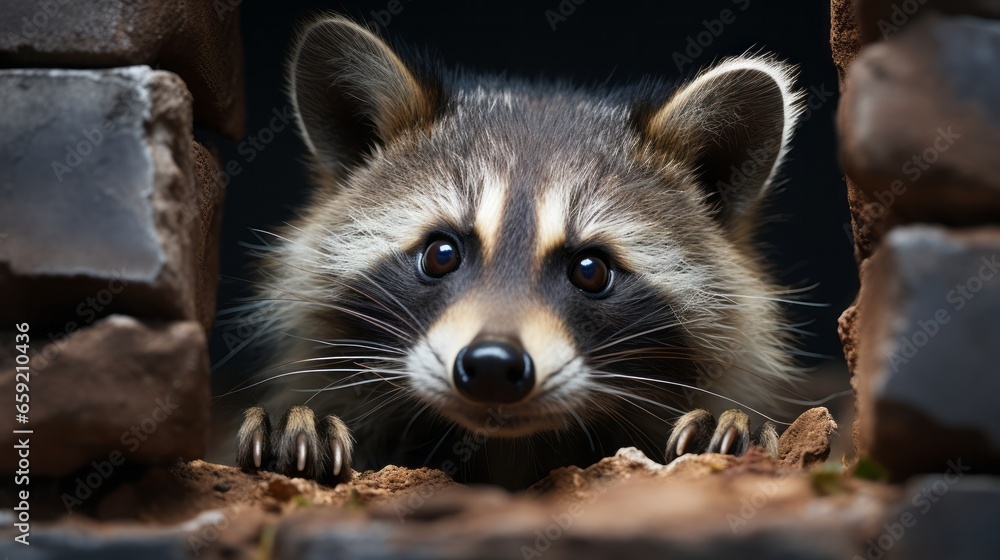 Raccoon playfully peeking through a hole in a wall. Generative AI