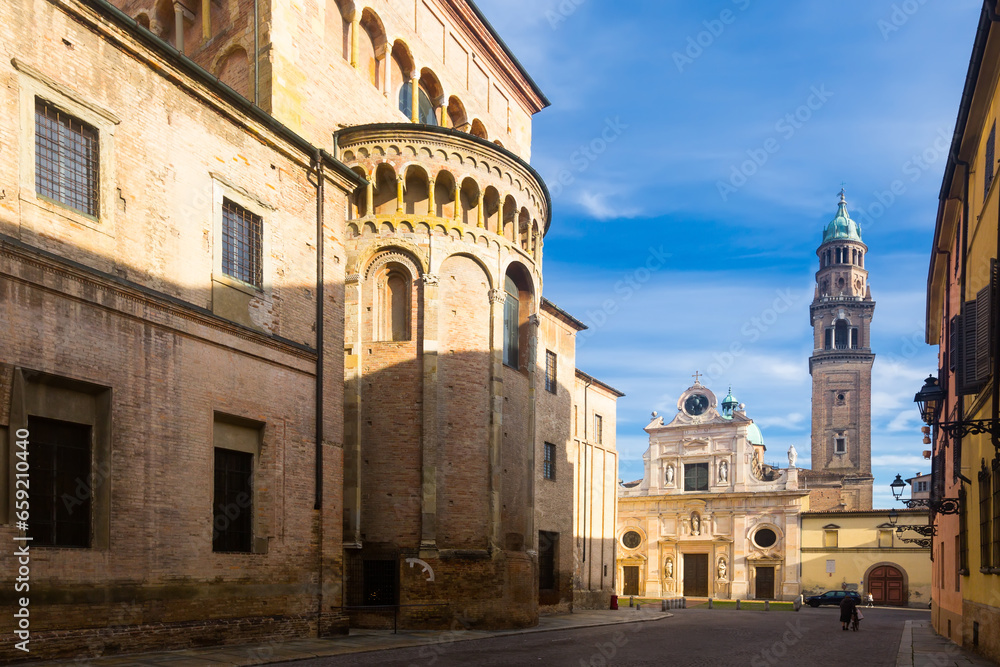 View of Parma Cathedral and San Giovanni Evangelista church in heart of Parma, Italy
