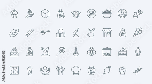 Sugar thin line icons set vector illustration. Outline pictograms of brown or refined sugar products and sweetener, pile of cubes and open sachet pack with sand or powder, candy and cake for coffee
