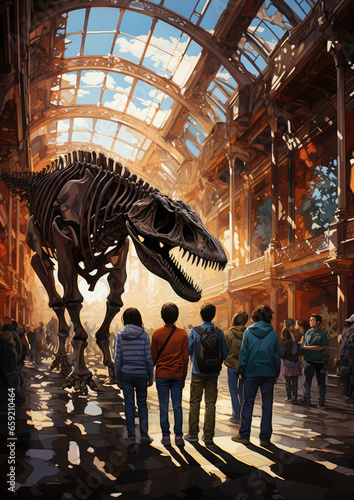 Generative AI, children, schoolchildren on an excursion to the prehistoric museum of paleontology looking at dinosaur skeletons, fossils, ancient lizards, education, architecture, boys, girls