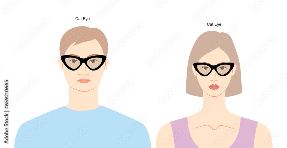 Cat Eye frame glasses on women and men flat character fashion accessory illustration. Sunglass unisex silhouette style, rim spectacles eyeglasses with lens sketch outline isolated on white background Cat Eye frame glasses on women and men flat character fashion accessory illustration. Sunglass unisex silhouette style, rim spectacles eyeglasses with lens sketch outline isolated on white background