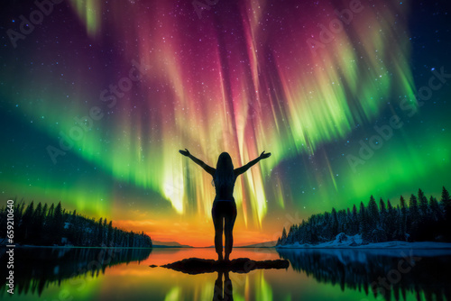 A woman practices yoga under the aurora. The mystical night sky by the lakeside on Earth. Liberating consciousness and soul for growth. A concept for yoga, meditation, and auroras. 
