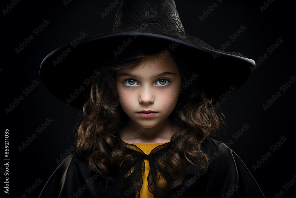 studio photography of a girl about 6 years old dressed as a witch. black background studio photography of a girl about 6 years old dressed as a witch. black background