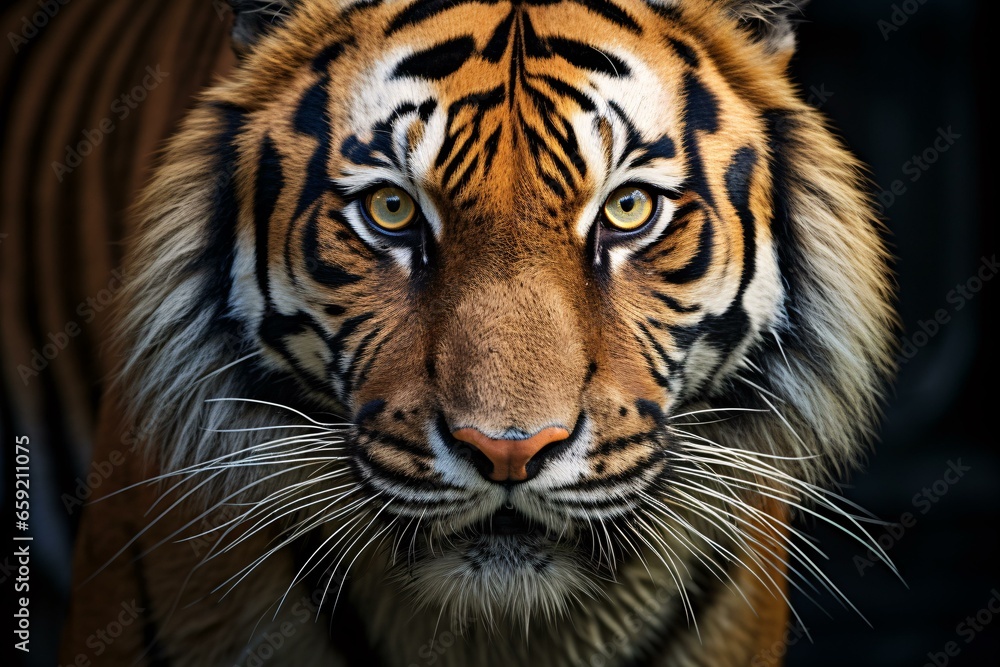 A majestic tiger's face in striking close-up against a dramatic black background A majestic tiger's face in striking close-up against a dramatic black background
