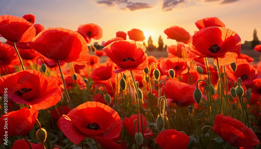 Fototapeta premium A vibrant field of red flowers with the sun setting in the background