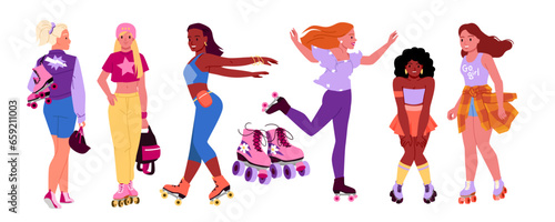 Girls in roller skates set vector illustration. Cartoon isolated rollerskating collection with female characters move with fun and dance, walking woman with skating shoes, pair of boots with wheels