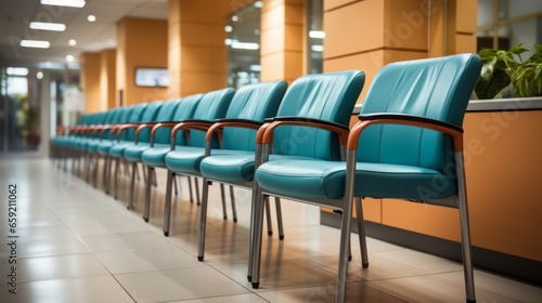 Row of chairs in a waiting room or station. Generative AI