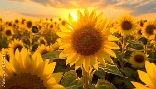 A vibrant field of sunflowers at sunset