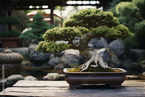 A beautiful bonsai tree on a rustic wooden table
