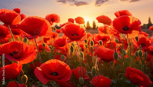 A vibrant field of red flowers with the sun setting in the background