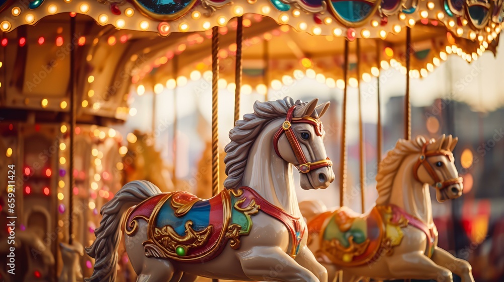 A colorful merry-go-round in motion