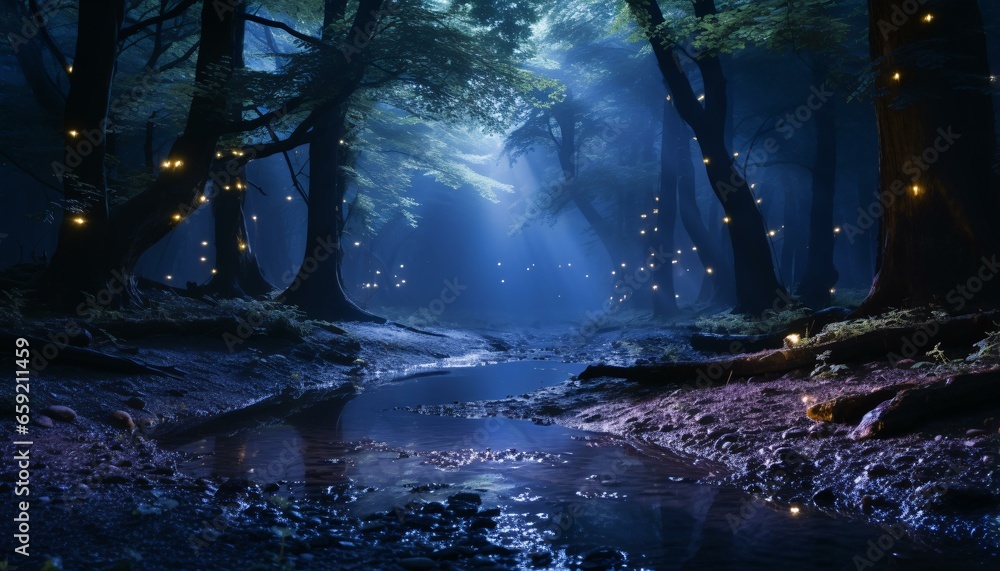 A mesmerizing stream of water illuminated by vibrant lights in a mystical forest setting