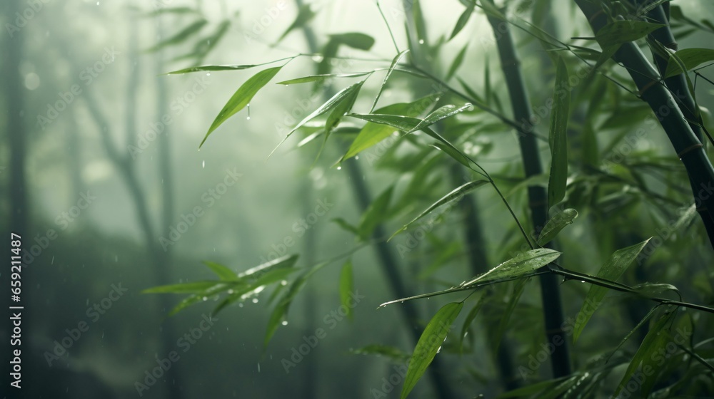A vibrant bamboo plant glistening in the rain