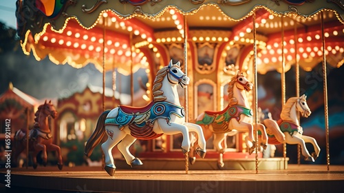 A colorful carousel with beautifully decorated horses spinning in circles © KWY