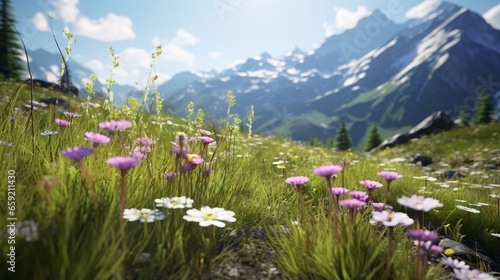 A colorful field of wildflowers with majestic mountains in the background