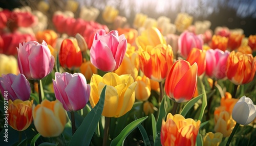 A vibrant field of tulips basking in the sunlight