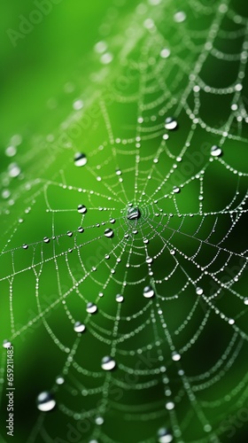 A spider web adorned with glistening water droplets © KWY