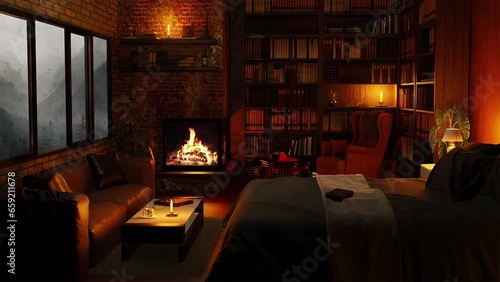Rain with fireplace | cozy bedroom