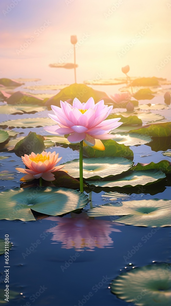 Two pink water lilies floating on a serene lake