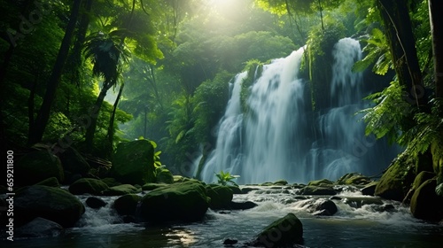 A majestic waterfall surrounded by lush greenery in a serene forest setting