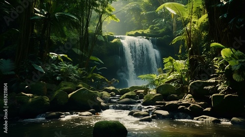 A majestic waterfall surrounded by vibrant greenery in a serene forest setting