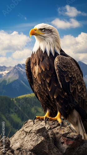 A majestic bald eagle perched on a rugged rock © KWY
