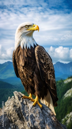 A majestic bald eagle perched on a rugged rock in the wilderness © KWY
