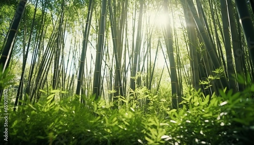 Sunlight filtering through bamboo trees in a serene forest setting