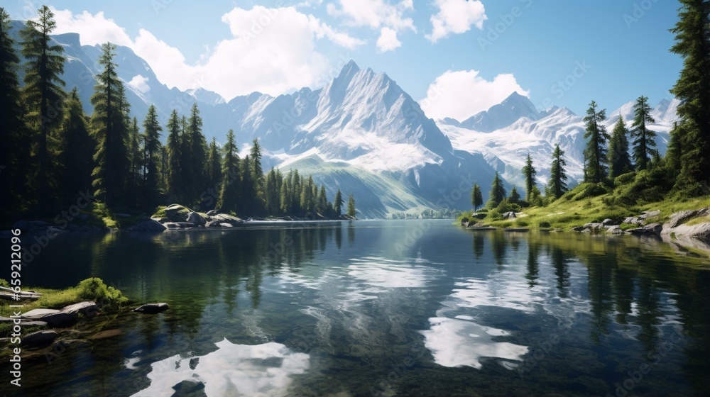 A serene mountain lake surrounded by majestic pine trees