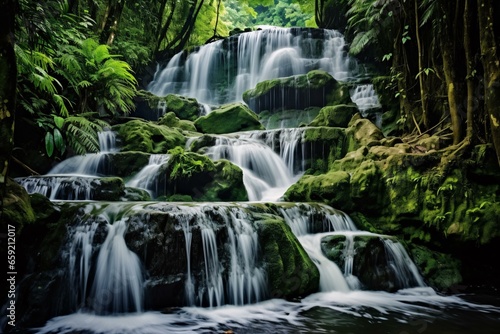 A majestic waterfall surrounded by a vibrant green forest