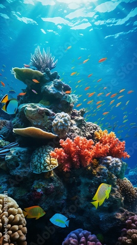 A vibrant coral reef teeming with a diverse and colorful school of fish