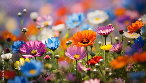 A vibrant field of flowers against a clear blue sky