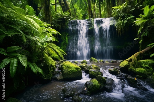 A serene waterfall surrounded by vibrant greenery in a peaceful forest setting