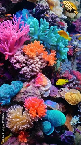 A vibrant and diverse coral reef ecosystem in a large aquarium