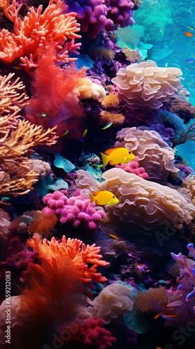 A vibrant underwater ecosystem with colorful corals and sea anemones