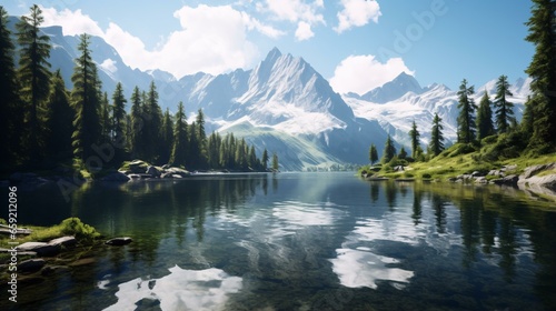 A serene mountain lake surrounded by majestic pine trees